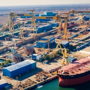 Șantierul Naval Mangalia, cu un petrolier la chei și macaralele Damen
